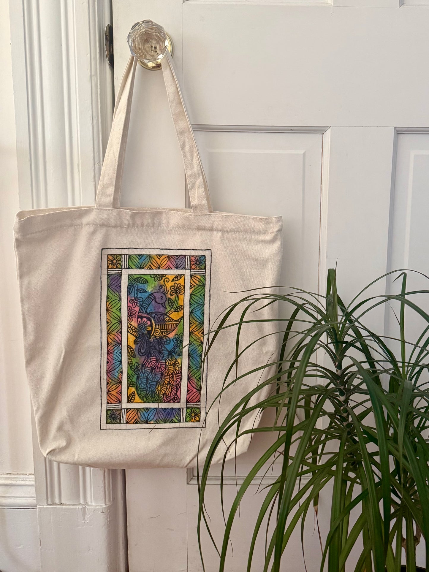 Hand-painted Tote Bag: Madhubani Peacock