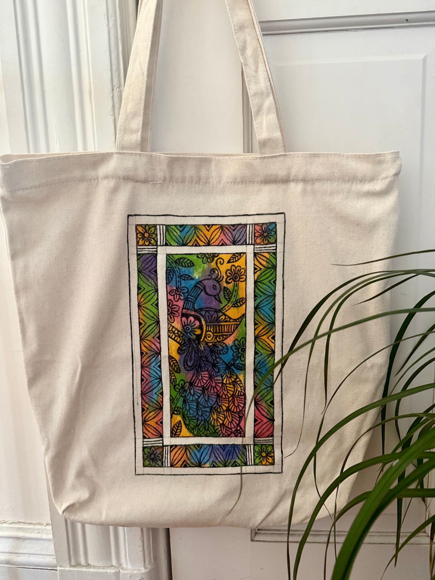 Hand-painted Tote Bag: Madhubani Peacock